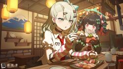  +_+ 2girls absurdres architecture arm_warmers bandaid bandaid_hair_ornament bare_shoulders black_hair bow chinese_commentary chopsticks collar commentary_request cup detached_sleeves earrings east_asian_architecture food frilled_sleeves frills fur-trimmed_sleeves fur_trim green_hair hair_bow hair_ornament hairclip hand_to_own_mouth highres holding holding_chopsticks izakaya jewelry lantern looking_at_object medium_hair multicolored_eyes multicolored_hair multiple_girls mustard nail_polish nangong_yu necktie open_collar open_mouth paper_lantern red_eyes red_necktie ring scowl serious shangguan_wanyu short_sleeves sunna_(zenless_zone_zero) surprised sushi tea teacup wavy_mouth zenless_zone_zero 