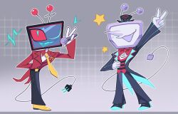  2boys ;d ant_tenna ant_tenna_(cosplay) aqua_pupils arm_behind_back arm_up belt black_belt black_hat black_pants black_shoes blue_shoes blue_suit blue_teeth bow bowtie chinese_commentary colored_teeth commentary_request cosplay crt deltarune ed_9o fang flat_screen_tv full_body hand_up hat hazbin_hotel hellaverse highres holding holding_microphone jacket long_nose looking_at_viewer microphone multicolored_shoes multiple_boys necktie object_head one_eye_closed open_clothes open_jacket open_mouth pants pointy_nose radio_antenna red_bow red_bowtie red_eyes red_suit sharp_teeth shoes smile standing star_(symbol) suit tail teeth television top_hat two-tone_shoes upper_teeth_only utdr_(toby_fox) v vox_(hazbin_hotel) vox_(hazbin_hotel)_(cosplay) w wi-fi_symbol yellow_necktie yellow_shoes 
