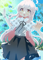  1girl :d absurdres against_glass ahoge air_bubble aquarium bare_arms black_ribbon black_skirt bracelet braid brown_eyes bubble capelet casual commentary fish grey_shirt hair_between_eyes hair_bun hair_ribbon half_up_braid hand_blush hand_on_glass highres holding_hands indoors interlocked_fingers jewelry namamugi2345 onii-chan_wa_oshimai! open_mouth oyama_mahiro pink_hair polka_dot_capelet pov ribbon seaweed shirt skirt smile solo_focus unmoving_pattern white_capelet 