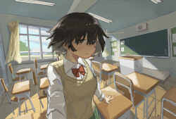  1girl amamoto_air brown_hair chair chalkboard classroom commentary desk highres indoors original school school_chair school_desk short_hair solo 