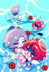  2boys afloat ahoge aotsuki_eito blue_eyes blue_swim_trunks bluevisteria boat bright_pupils chibi chibi_only commentary english_commentary eyeball flower glasses grey_hair highres inflatable_armbands innertube looking_at_another male_focus multicolored_hair multiple_boys multiple_views on_boat on_innertube paper_boat red_hair red_pupils short_hair star_(symbol) streaked_hair sumino_takumi sunglasses swim_ring the_hundred_line_-last_defense_academy- violet_eyes watercraft white_pupils 