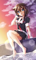  1girl :d adjusting_hair ahoge arm_support barefoot black_gloves black_shirt black_skirt blue_eyes blush braid brown_hair clouds commentary_request double-parted_bangs feet fingerless_gloves full_body gloves gradient_sky hair_between_eyes hair_flaps hair_ornament hair_over_shoulder highres kantai_collection long_hair looking_at_viewer mani_(manidrawings) necktie open_mouth pleated_skirt purple_sky red_necktie red_sky sailor_collar shigure_(kancolle) shigure_kai_ni_(kancolle) shirt short_sleeves sidelocks single_braid sitting skirt sky smile soaking_feet solo sunset twitter_username water white_sailor_collar yellow_sky 