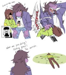  ! 1girl 1other androgynous antenna_hair black_eyes brown_hair brown_pants cellphone closed_mouth collared_shirt colored_sclera commentary deltarune english_text furry furry_female grass green_sweater_vest hands_on_own_legs highres jacket kris_(deltarune) long_hair no_eyes omori open_clothes open_jacket open_mouth pants phone purple_jacket savepoint010 shaded_face sharp_teeth shirt shirt_under_sweater short_hair sidelocks smartphone smile sunny_(omori) susie_(deltarune) sweater_vest teeth utdr_(toby_fox) white_shirt yellow_sclera 