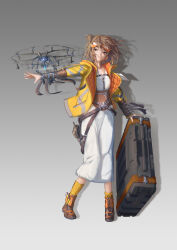  1girl absurdres animal_ears arknights bear_ears bear_girl belt boots brown_boots brown_eyes brown_hair commentary_request double_bun dress drone full_body goggles goggles_on_head gradient_background grey_background hair_bun highres holding jacket long_sleeves looking_at_viewer open_clothes open_jacket original rocker_(fengs1993) shadow shield short_hair skirt smile socks solo standing suitcase white_dress white_skirt yellow_jacket yellow_socks 