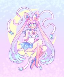  1girl atom_palace bishoujo_senshi_sailor_moon blue_sky commentary cosplay crescent_moon gradient_hair highres magical_girl moon multicolored_hair pastel_colors pink_sky pokemon pokemon_(creature) ribbon sailor_moon sailor_senshi_uniform sky sylveon sylveon_(cosplay) twintails 