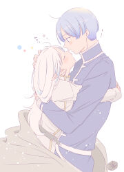 1boy 1girl absurdres blue_hair closed_eyes commentary_request elf frieren hand_on_another's_head hetero highres himmel_(sousou_no_frieren) hug long_hair long_sleeves looking_at_another mole mole_under_eye pointy_ears sachinyopo simple_background sousou_no_frieren white_background white_hair 