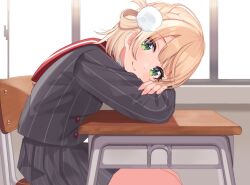  1girl black_shirt black_skirt blonde_hair blunt_bangs braid breasts chair desk dot_nose green_eyes hair_ornament hair_rings head_on_arm indie_virtual_youtuber light_blush long_sleeves looking_at_viewer o-sg parted_lips pom_pom_(clothes) pom_pom_hair_ornament red_button school_desk school_uniform shigure_ui_(vtuber) shirt short_hair side_part side_up_ring sitting skirt smile solo virtual_youtuber window 