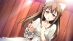  1girl :o blush bow braid brown_hair choker dress game_cg hair_bow half_updo hand_on_own_chest highres kantoku koi_suru_kanojo_no_bukiyou_na_butai long_hair open_mouth solo togawa_mayuu violet_eyes 