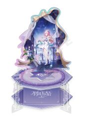  1girl absurdres acrylic_stand_(medium) belt black_choker character_name choker commentary_request cyrene_(demiurge)_(honkai:_star_rail) cyrene_(honkai:_star_rail) detached_sleeves dress floating_hair hand_up hat high_heels highres honkai:_star_rail honkai_(series) jacket jacket_on_shoulders korean_commentary korean_text long_sleeves looking_at_viewer mem_(honkai:_star_rail) official_alternate_costume official_art parted_lips pink_hair pointy_ears purple_belt sample_watermark samsung shoes smile solo symbol-shaped_pupils violet_eyes watermark white_dress white_hat white_shoes 