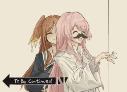  2girls artist_request bang_dream! bang_dream!_it's_mygo!!!!! blue_shirt brown_hair chihaya_anon chinese_commentary closed_eyes closed_mouth commentary_request commission fake_facial_hair fake_mustache grey_jacket haneoka_school_uniform head_wings highres impending_doom jacket lab_coat long_hair multiple_girls nagasaki_soyo pink_hair school_uniform second-party_source shirt to_be_continued tsukinomori_school_uniform wings 