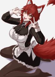  1girl animal_ear_fluff animal_ears apron black_dress black_nails breasts double_w dress highres indie_virtual_youtuber large_breasts looking_at_viewer maid maid_apron meibin nail_polish open_mouth pantyhose red_hair short_hair sitting smile solo tail tongue virtual_youtuber w wariza white_background wolf_ears wolf_tail yellow_eyes zentreya 