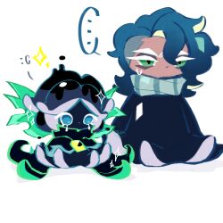  2others :o absurdres abyss_monarch_cookie abyss_monarch_cookie_(cosplay) black_hair blue_eyes blue_hair colored_eyelashes cookie_run cookie_run:_kingdom cookie_run:_ovenbreak cosplay costume_switch green_eyes highres ink maiday multiple_others sparkle squid squid_ink_cookie squid_ink_cookie_(cosplay) sweatdrop white_background white_eyelashes 