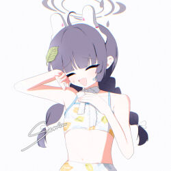  1girl ahoge bikini black_hair blue_archive blush braid commentary_request halo highres korean_commentary leaf_print long_hair looking_at_viewer miyu_(blue_archive) miyu_(swimsuit)_(blue_archive) navel nem_ren official_alternate_costume open_mouth solo swimsuit twin_braids white_bikini 