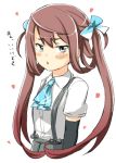  1girl asagumo_(kantai_collection) ascot black_gloves blue_eyes bow brown_hair elbow_gloves engiyoshi gloves hair_bow hair_ribbon kantai_collection long_hair looking_at_viewer ribbon school_uniform solo suspenders translation_request twintails 
