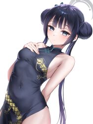  1girl absurdres arm_behind_back black_dress black_hair blue_archive blush breasts butterfly_hair_ornament china_dress chinese_clothes commentary covered_navel double_bun dragon_print dress grey_eyes grey_halo hair_bun hair_ornament halo hand_on_own_chest highres kisaki_(blue_archive) long_hair looking_at_viewer oh_gong05 pelvic_curtain print_dress side_slit simple_background sleeveless sleeveless_dress small_breasts solo twintails white_background 