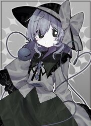  1girl black_bow black_bowtie black_hat bow bowtie buttons commentary diamond_button eyeball frilled_shirt_collar frilled_skirt frilled_sleeves frills green_eyes green_skirt grey_hair hat hat_bow hat_ribbon heart heart_of_string highres komeiji_koishi ribbon shirt skirt sleeves_past_wrists third_eye touhou tya_514 wide_sleeves yellow_bow yellow_ribbon yellow_shirt 