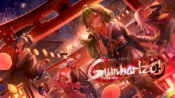  >_< 2boys 3girls :d aerial_fireworks bag black_gloves black_hair black_kimono blue_hair commentary creator_name dango dutch_angle english_commentary fingerless_gloves fireworks food food_in_mouth fox_mask glasses gloves green_hair hair_ornament highres holding holding_bag japanese_clothes kimono long_hair looking_at_viewer mani_(osu!) mari_(osu!) mask mask_on_head mocha_(osu!) multiple_boys multiple_girls multiple_torii night obijime osu! outdoors pink_hair pink_kimono pippi_(osu!) ponytail purple_hair redcxca short_kimono smile song_name star_(symbol) star_hair_ornament torii wagashi xd yukata yuzu_(osu!) 