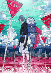  1boy bandaged_leg bandages bandaid bandaid_on_arm barefoot black_shirt blood blue_hair bottle building city clouds cloudy_sky comb commentary highres holding holding_shoes holding_unworn_clothes horizon long_sleeves male_focus original outdoors reflection road_sign sakiyama8ma scissors shirt shoes short_hair sign sky skyscraper sleeping_bag sleeves_rolled_up sneakers solo toothbrush unworn_shoes water_bottle 