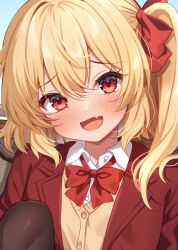  1girl alternate_costume blonde_hair blush bow bowtie brown_pantyhose cardigan collared_shirt commentary_request fang flandre_scarlet hair_bow highres jacket looking_at_viewer one_side_up open_clothes open_jacket open_mouth paid_reward_available pantyhose red_bow red_bowtie red_eyes red_jacket school_uniform shironeruka shirt skin_fang smile solo touhou white_shirt yellow_cardigan 