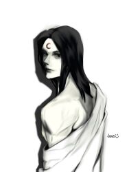  1boy bags_under_eyes black_hair creeptonytz_51644 crescent crescent_facial_mark drop_shadow expressionless facial_mark forehead_mark greyscale highres long_hair looking_back male_focus monochrome muscular muscular_male noctis_(shadow_slave) robe shadow_slave single_off_shoulder solo upper_body 