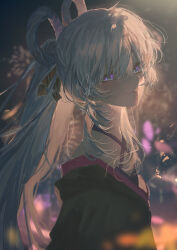  1girl absurdres aerial_fireworks blurry blurry_background cho_kaguya-hime! closed_mouth commentary_request fireworks hair_between_eyes hair_ornament hair_rings hair_stick highres long_hair looking_at_viewer runami_yachiyo solo tsuyuji_shigure twintails upper_body violet_eyes white_hair 