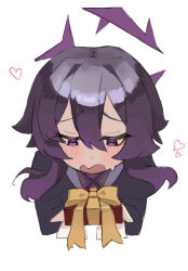  blue_archive bow box commentary_request cross gift gift_box gift_wrapping half-closed_eyes halo haruka_(blue_archive) heart highres holding holding_gift incoming_gift jacket long_sidelocks looking_down medium_hair metronomechan military_jacket purple_hair purple_halo purple_jacket raised_eyebrows sidelocks simple_background sweatdrop upper_body violet_eyes white_background yellow_bow 