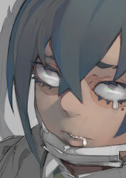  1girl commentary drooling hair_between_eyes hatching_(texture) highres mask mole mole_under_eye mouth_drool mouth_mask original sharp_teeth short_hair single_tear solo surgical_mask teeth umezawa_michiko 