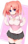  1girl akata_itsuki black_legwear blush breasts cleavage cleavage_cutout large_breasts looking_at_viewer mikakunin_de_shinkoukei open-chest_sweater ribbed_sweater simple_background skirt smile solo sweater thigh-highs turtleneck turtleneck_sweater two_side_up violet_eyes yonomori_kobeni zettai_ryouiki 