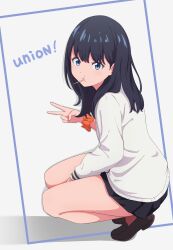  1girl absurdres black_hair black_shoes black_skirt blue_eyes candy cardigan english_text food food_in_mouth gridman_universe hand_between_thighs highres kagari_ds lollipop lollipop_in_mouth long_hair long_sleeves looking_at_viewer microskirt orange_scrunchie pleated_skirt red_socks scrunchie shoes simple_background skirt socks solo squatting ssss.gridman takarada_rikka thighs v white_background white_cardigan wrist_scrunchie 