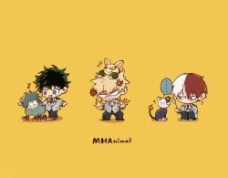  3boys ? absurdres anger_vein angry animal bakugou_katsuki blonde_hair blue_eyes blush boku_no_hero_academia burn_scar cat freckles green_eyes green_hair hair_between_eyes heterochromia highres holding holding_leaf jacket leaf looking_at_another midoriya_izuku multicolored_hair multiple_boys musical_note open_mouth red_hair red_shoes scar scar_on_face school_uniform sheep shirt shoes short_hair simple_background smile spiky_hair split-color_hair sysy_0107 teeth todoroki_shoto two-tone_hair u.a._school_uniform white_hair yellow_background 