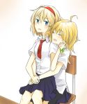  2girls alice_margatroid blue_eyes blush bow braid closed_eyes contemporary couple hair_bow hairband hand_on_another&#039;s_face kirisame_marisa klent long_hair multiple_girls necktie open_mouth shirt short_hair side_braid sitting sitting_on_lap sitting_on_person skirt touhou white_shirt yuri 