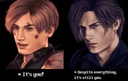 1boy absurdres aegyo_sal bandaged_arm bandages before_and_after blood blood_on_face blue_eyes blue_shirt brown_hair collared_shirt commentary curtained_hair despite_everything_it's_still_you_(meme) english_commentary grin highres leon_s._kennedy looking_to_the_side male_focus meme multiple_views portrait resident_evil resident_evil_2 resident_evil_requiem serious shirt short_hair smile sparklyboo undershirt walkie-talkie 