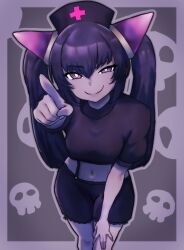  1girl absurdres black_hair black_shirt chrome_(mon-musu_quest!) colored_skin crop_top cross demon_girl doppelmult39574 english_commentary hat highres horns long_hair mon-musu_quest! navel nurse_cap pink_eyes pink_horns pointing puffy_short_sleeves puffy_sleeves purple_background purple_skin ringed_eyes shirt short_sleeves skull_background smile twintails 