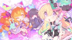  3girls :o abby_(wuthering_waves) absurdres black_hair black_skirt blonde_hair cellphone cellphone_charm charm_(object) chinese_commentary chisa_(wuthering_waves) commentary_request covering_own_mouth fukurou_(linxiao_2024) hair_ribbon headphones headphones_around_neck highres holding holding_phone looking_at_viewer lynae_(wuthering_waves) multiple_girls official_art one_eye_closed open_mouth orange_hair phone red_eyes red_ribbon ribbon selfie shirt skirt smartphone smile soliskin_(wuthering_waves) veil violet_eyes white_shirt white_veil wuthering_waves 