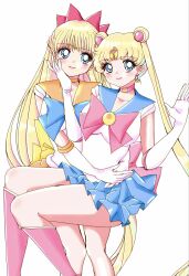  2girls adult_swim aino_minako back_bow bishoujo_senshi_sailor_moon bishoujo_senshi_sailor_moon_r bishoujo_senshi_sailor_moon_r:_the_movie bishoujo_senshi_sailor_moon_s bishoujo_senshi_sailor_moon_s:_the_movie bishoujo_senshi_sailor_moon_supers bishoujo_senshi_sailor_moon_supers:_the_movie blonde_hair blue_bow blue_bowtie blue_sailor_collar blue_skirt boots bow bowtie circlet collarbone commentary_request crescent crescent_choker crescent_earrings double_bun earrings elbow_gloves gloves hair_bun highres hug jewelry knee_boots long_hair looking_at_viewer magical_girl miniskirt multiple_girls orange_sailor_collar orange_skirt red_boots red_bow red_bowtie robin_712754 sailor_collar sailor_moon sailor_senshi sailor_senshi_uniform sailor_venus simple_background skirt toei_animation toonami tsukino_usagi twintails viz_media white_background white_gloves 