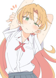  1girl arm_behind_head arm_up blonde_hair blush closed_mouth commentary dress_shirt eitopondo frown green_eyes grey_skirt half-closed_eye hand_on_own_arm highres long_hair looking_at_viewer neck_ribbon notice_lines pleated_skirt red_ribbon ribbon ruri_no_houseki school_uniform shirt short_sleeves simple_background skirt solo standing stretching sweat tanigawa_ruri white_background white_shirt wing_collar 