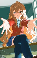  1girl aisaka_taiga black_thighhighs blazer blue_ribbon blue_skirt brown_eyes brown_hair classroom closed_mouth collared_shirt commentary_request crossed_legs desk dress_shirt feet_out_of_frame hair_between_eyes highres incoming_hug indoors jacket light_blush long_hair long_sleeves looking_at_viewer neck_ribbon on_desk oohashi_high_school_uniform outstretched_arms pleated_skirt red_jacket ribbon rkgktomato school_desk school_uniform shirt sitting skirt solo thigh-highs toradora! v-shaped_eyebrows very_long_hair white_shirt 