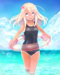  1girl blonde_hair blue_eyes flower glasses hair_flower hair_ornament highres kantai_collection lifebuoy long_hair nomio open_mouth ro-500_(kantai_collection) school_swimsuit swimsuit tan tanline wading water 