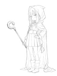  1girl blush boots cloak closed_mouth full_body greyscale hair_bobbles hair_ornament hand_on_own_hip highres holding holding_staff hood hood_up hooded_cloak long_hair long_sleeves looking_at_viewer monochrome original pleated_skirt shirt_tucked_in simple_background skirt smile solo staff standing very_long_hair white_background yuuji_overall 