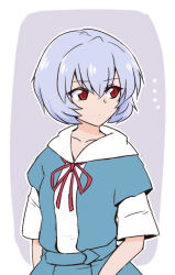  1girl ayanami_rei blue_dress blue_hair collarbone commentary cowboy_shot dress looking_to_the_side neck_ribbon neon_genesis_evangelion pinafore_dress red_eyes red_ribbon ribbon school_uniform shio_(futatsumami) shirt short_hair sleeveless sleeveless_dress solo tokyo-3_middle_school_uniform white_shirt 