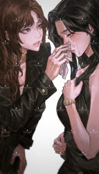  2girls averting_eyes belt_buckle black_hair black_jacket black_shirt breasts brown_eyes brown_hair buckle closed_mouth clutching_chest comforting commission crying crying_with_eyes_open face-to-face from_side gold_wristwatch halter_shirt halterneck hand_on_own_thigh handkerchief highres holding holding_handkerchief jacket jewelry kim_srm leather leather_jacket long_hair looking_at_viewer looking_down medium_breasts mihuashi_commission multiple_girls nose original parted_lips profile ring shirt sleeveless sleeveless_shirt tears upper_body watch watch watermark watermark_grid yuri 