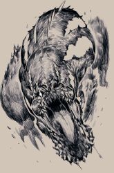  angry charging_forward claws deviljho dinosaur dragon furious glowing glowing_eye glowing_scar highres jaw krekkov monochrome monster monster_hunter_(series) motion_lines no_humans open_mouth original roaring saliva sharp_teeth small_arms solo spiked_spine teeth wyvern 