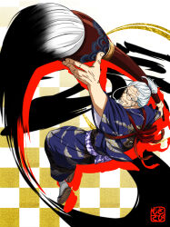  1boy absurdres beard blue_kimono calligraphy_brush checkered_background closed_mouth commentary_request drop_shadow facial_hair full_body glasses highres holding japanese_clothes kimono male_focus musasabiop one_piece oversized_object paintbrush ponytail print_kimono sandals silvers_rayleigh smile socks solo white_hair white_socks 