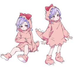  1girl alternate_costume bare_legs blush bow dalidari27 fake_tail hand_on_own_stomach highres hood hood_up hoodie kimi_no_koto_ga_dai_dai_dai_dai_daisuki_na_100-nin_no_kanojo long_sleeves looking_at_viewer momi_momiji multiple_views paw_shoes pink_hoodie pout purple_hair red_bow red_eyes simple_background sitting standing tail white_background 