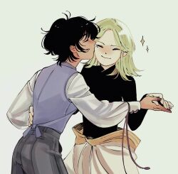  2girls agott_arklaum_(tongari_boushi_no_atelier) black_hair blush closed_eyes coco_(tongari_boushi_no_atelier) colored_skin cowboy_shot formal_clothes green_hair hand_on_another's_waist highres holding_hands kiss kissing_cheek long_sleeves multiple_girls oa_lien short_hair smile tongari_boushi_no_atelier yuri 