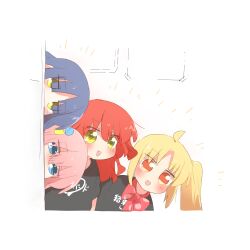  4girls ahoge black_shirt blonde_hair blue_eyes blue_hair blush bocchi_the_rock! bow bowtie commentary_request gotoh_hitori ijichi_nijika kessoku_band kessoku_band_t-shirt kita_ikuyo long_hair looking_at_another multiple_girls open_mouth orange_eyes peeking_out pink_hair rebecca_(keinelove) red_bow red_bowtie red_hair shirt side_ponytail white_background yamada_ryo yellow_eyes 