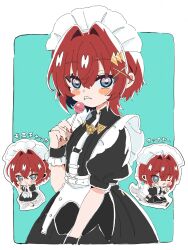  1girl akira_(ujt_l2) ange_katrina aqua_background bad_id bad_twitter_id belt black_dress black_wrist_cuffs blue_eyes blush_stickers border candy chibi dot_nose dress food frilled_wrist_cuffs frills frown hair_between_eyes hair_intakes hair_ornament hand_up highres holding holding_candy holding_food holding_lollipop lollipop looking_at_viewer maid_headdress multicolored_eyes multiple_views nail_polish nijisanji official_alternate_costume outside_border pink_eyes puffy_short_sleeves puffy_sleeves red_hair red_nails sharp_teeth short_hair short_sleeves simple_background teeth translation_request triangle_hair_ornament two-tone_eyes virtual_youtuber white_belt white_border white_headdress wrist_cuffs x_hair_ornament 