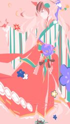  1girl animal_ears dress echoo flower from_side highres holding holding_flower horse_ears horse_girl impressionism japanese_clothes long_dress long_hair looking_to_the_side nice_nature_(converging_wishes)_(umamusume) nice_nature_(umamusume) pink_background simple_background solo standing umamusume very_long_hair 