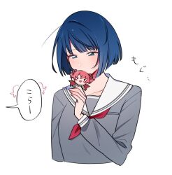  2girls 3s3677804311973 arm_at_side blue_eyes blue_hair blunt_bangs blush bob_cut character_doll commentary_request cropped_torso doll dot_nose grey_shirt hand_up holding holding_doll implied_yuri kiritani_haruka long_sleeves miyamasuzaka_girls'_academy_school_uniform momoi_airi multiple_girls neckerchief out_of_frame project_sekai red_neckerchief sailor_collar school_uniform serafuku shirt short_hair sidelocks simple_background speech_bubble translation_request upper_body white_background white_sailor_collar 
