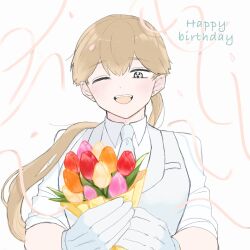  1boy :d ;d amano_mashiro blue_eyes blush bouquet brown_hair collared_shirt commentary_request earrings flower formal_clothes gloves hands_up happy_birthday highres holding holding_bouquet jewelry long_hair looking_down male_focus mitsudomoe_koubou_(series) necktie om0_de one_eye_closed open_mouth orange_flower oshi_no_taisetsuna_hito_ni_narikawaru pink_flower ponytail red_flower shirt simple_background sleeves_rolled_up smile solo streamers stud_earrings tulip upper_body vest white_background white_gloves white_necktie white_shirt white_vest yellow_flower 